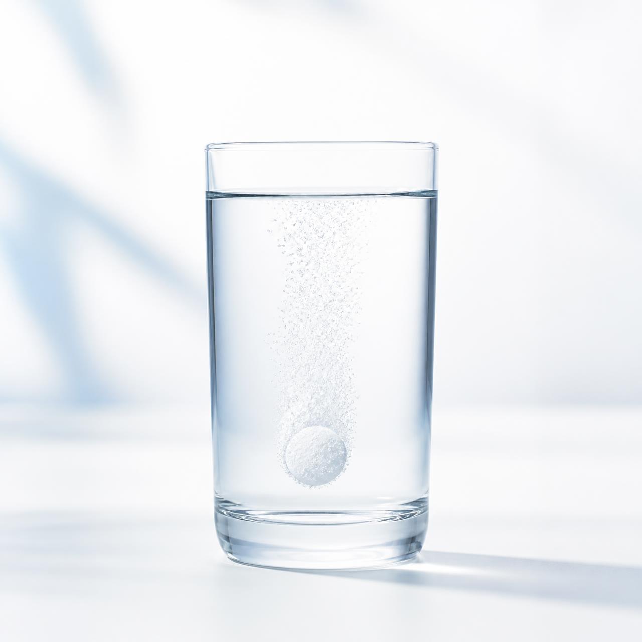 An effervescent HYDRAE pearl dissolving in a clear glass of water