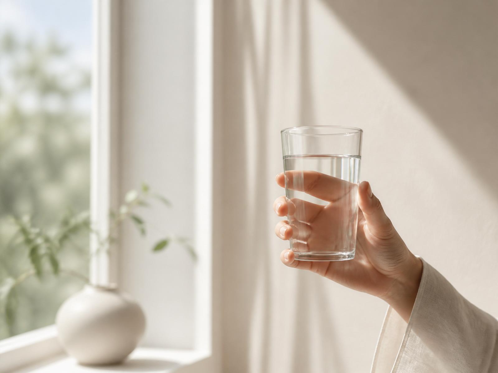 A person holding a glass of clear water in soft morning light