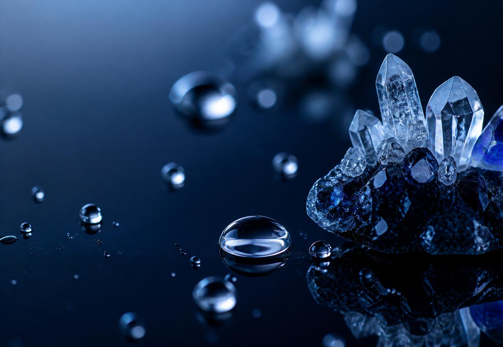 Macro view of mineral crystals and water droplets